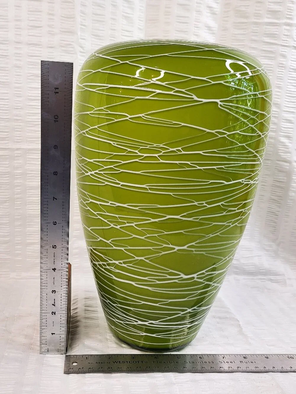 Hand Blown Cased Green White Swirl Art Glass Large Vase 13”